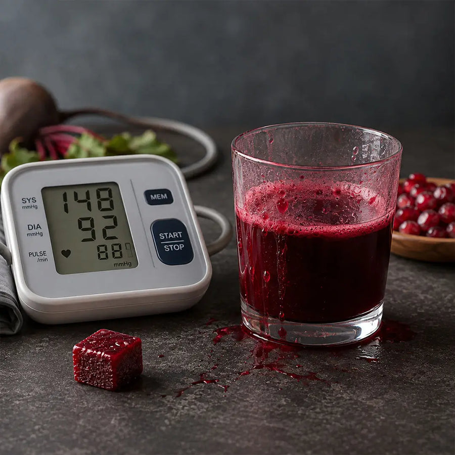 single pomegranate-berry chew beside a messy glass of beet juice / stained teeth
