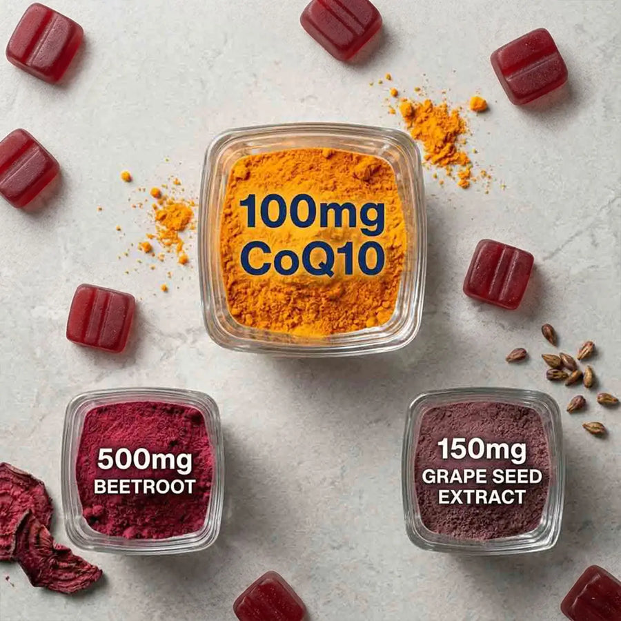 flat-lay of the 3 transparent doses: 500mg beetroot · 100mg CoQ10 · 150mg grape seed extract