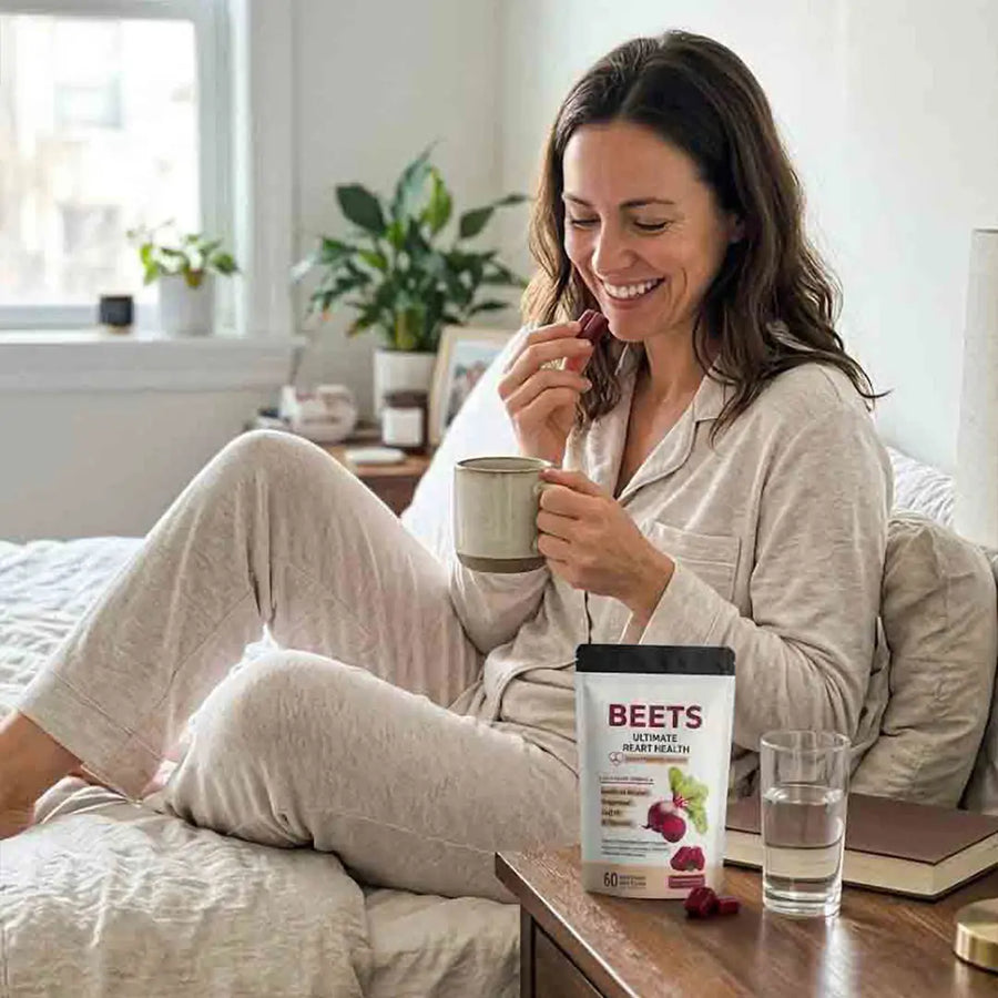 the pouch on a nightstand / morning-coffee scene — a ritual you keep