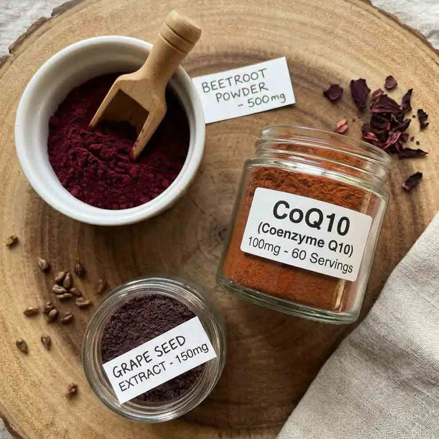 flat-lay of the 3 transparent doses: 500mg beetroot · 100mg CoQ10 · 150mg grape seed extract