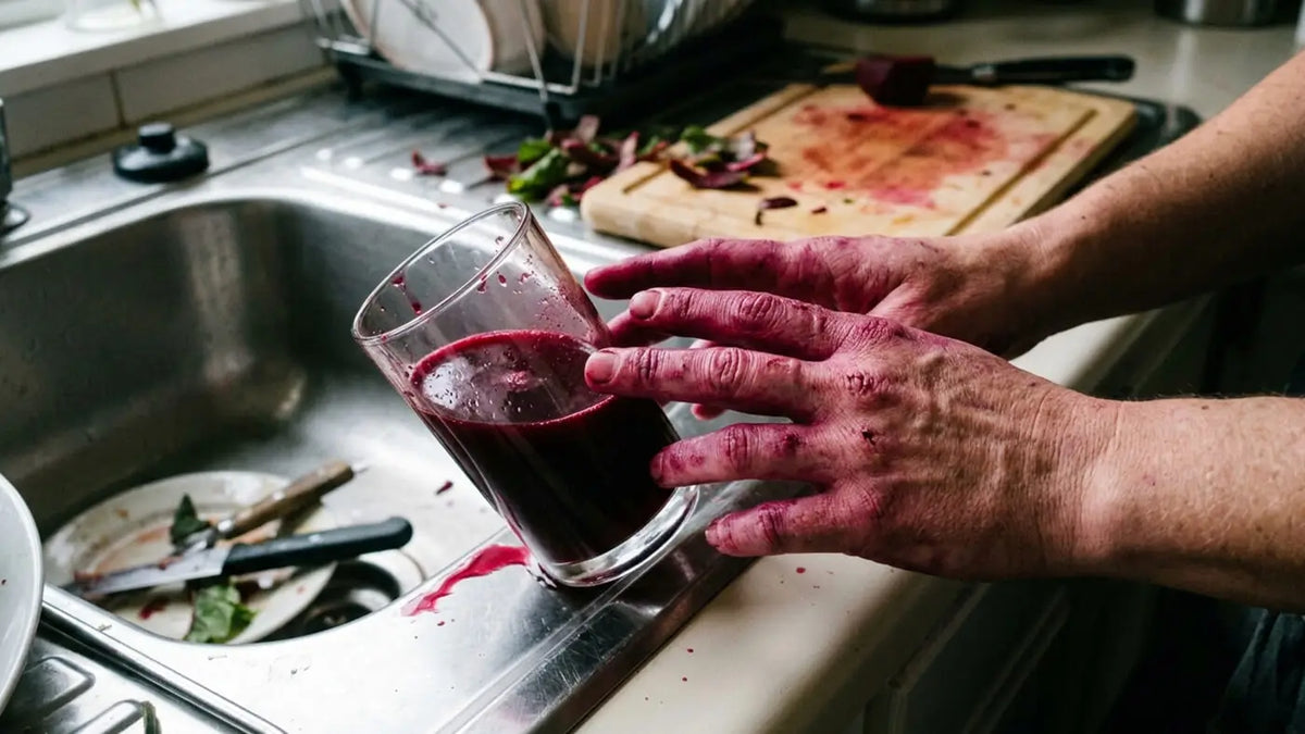 Hands stained deep purple mid beet prep on a messy counter, a glass of dark red beet juice beside the cutting board