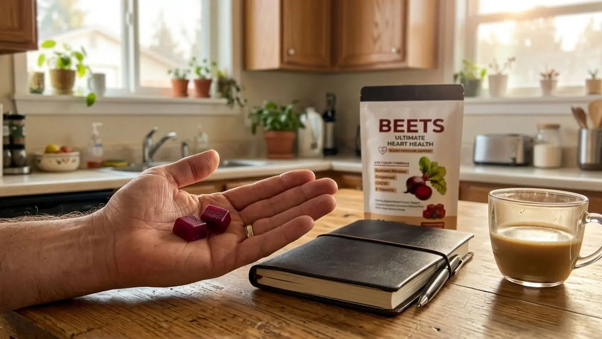 A small bowl of red beet chews on the kitchen counter next to the coffee maker, a couple of chews and wrappers beside it