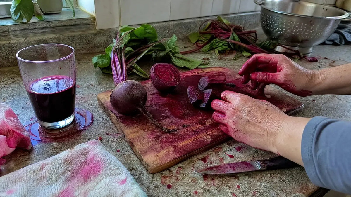 Hands stained deep purple mid beet prep on a messy counter, a glass of dark red beet juice beside the cutting board