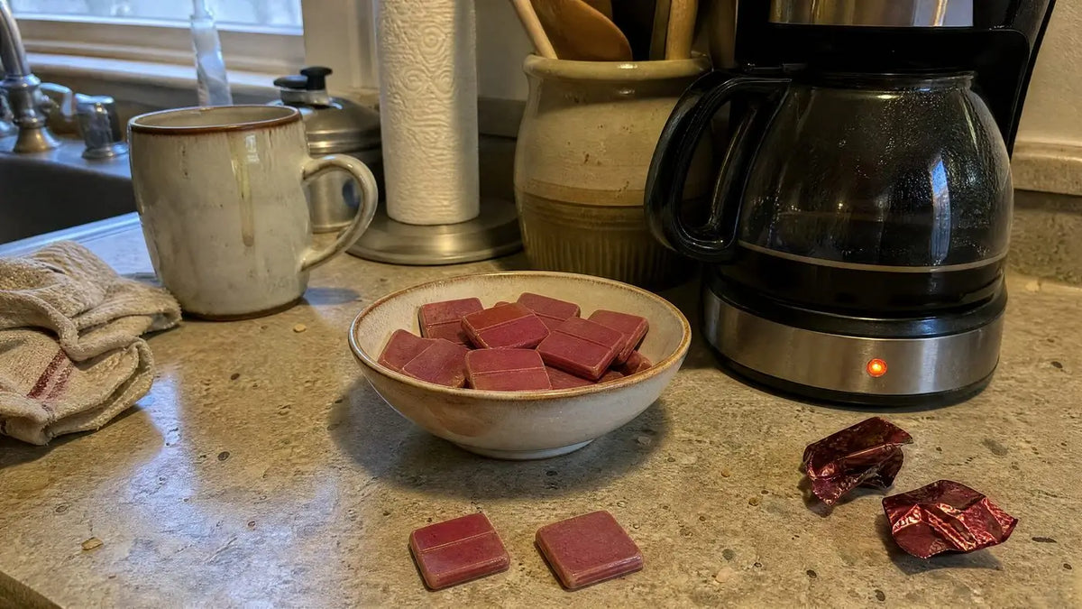 A small bowl of red beet chews on the kitchen counter next to the coffee maker, a couple of chews and wrappers beside it