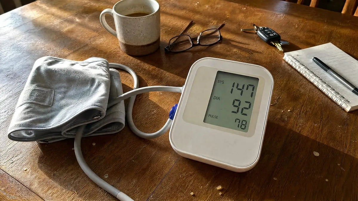 A home blood pressure monitor on the kitchen table reading 147 over 92, next to a coffee mug, glasses and keys in morning light