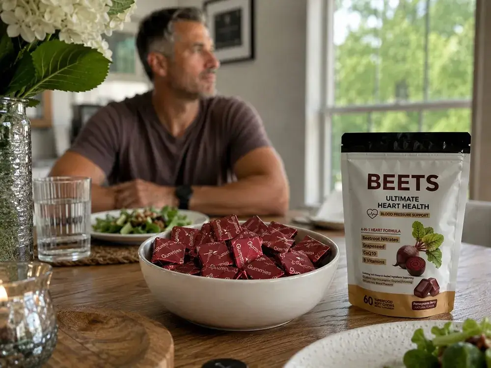 A candy bowl full of individually wrapped beet chews on the dinner table